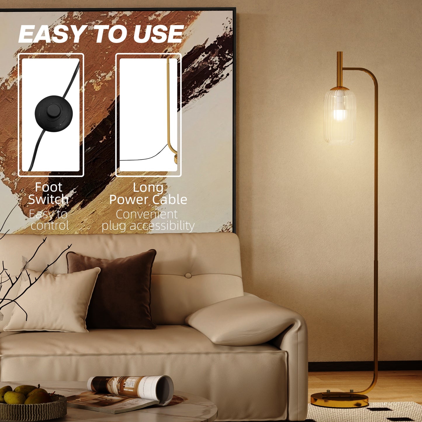HOMCOM LED Floor Lamp for Living Room with Glass Lampshade, Modern Standing Lamp with Foot Switch, Adjustable Brightness, 2700K for Bedroom, Gold Tone