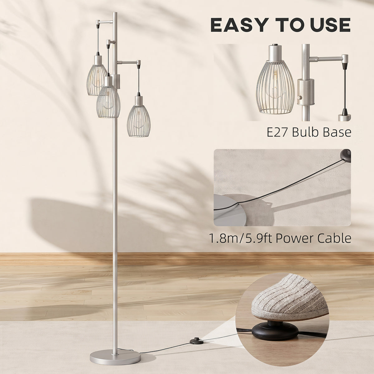 HOMCOM 170.5cm Industrial Dimmable Standing Lamp, 3-Light Floor Lamp with Steel Wire Cage Lampshades, Silver Tone