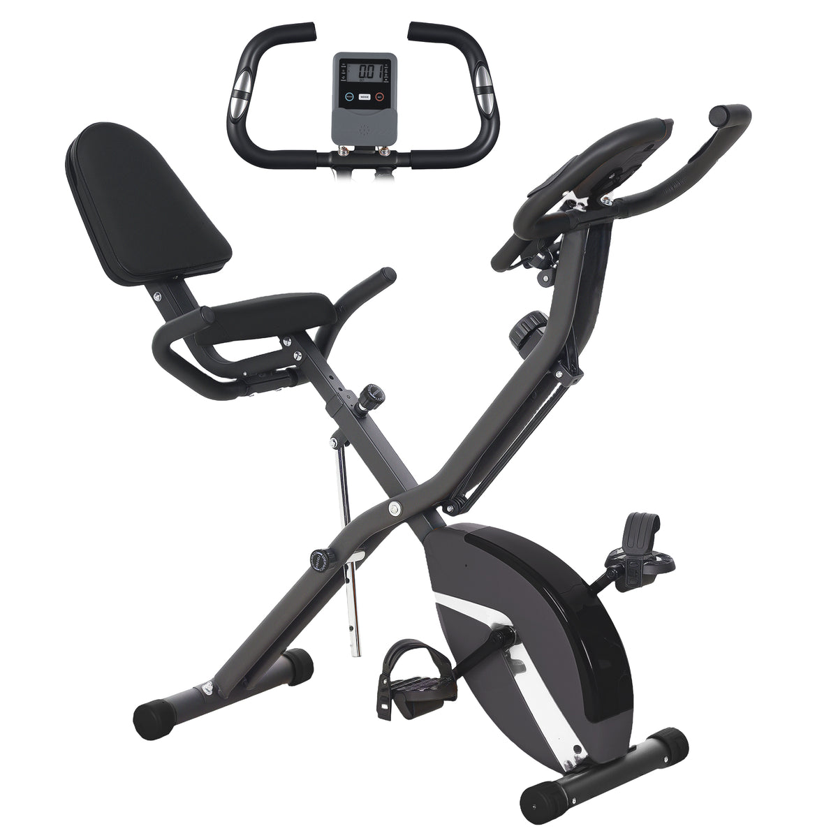 Photo of SPORTNOW Five-in-one Foldable Exercise Bike, Stationary Bike with Arm Workout Bands, LDC Monitor, Phone Holder, Black in Black colour on a white background