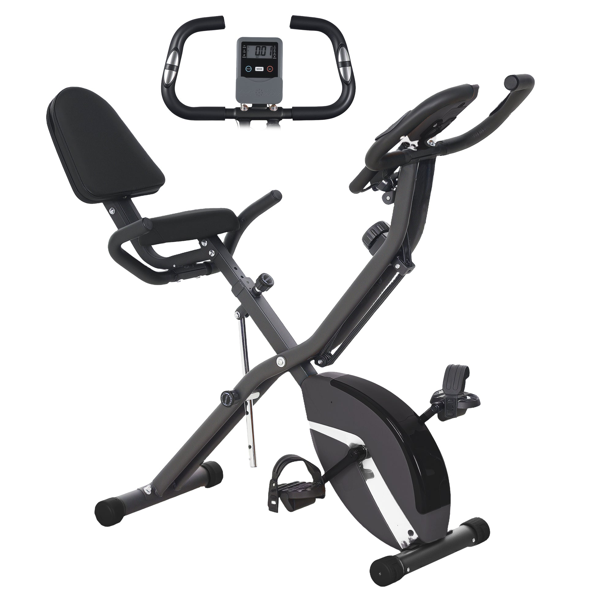 Photo of SPORTNOW Five-in-one Foldable Exercise Bike, Stationary Bike with Arm Workout Bands, LDC Monitor, Phone Holder, Black in Black colour on a white background