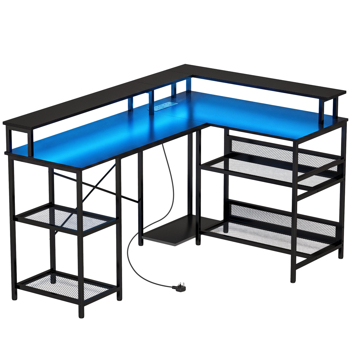 Photo of HOMCOM L Shaped Gaming Desk with LED Lights and Power Outlets, 150cm Corner Computer Desk for Small Space, Black in Black colour on a white background