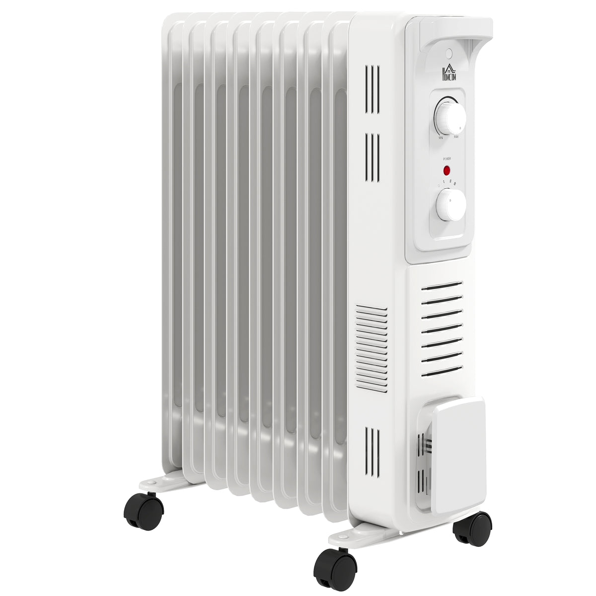 White HOMCOM oil-filled radiator with nine fins, control knobs, and caster wheels
