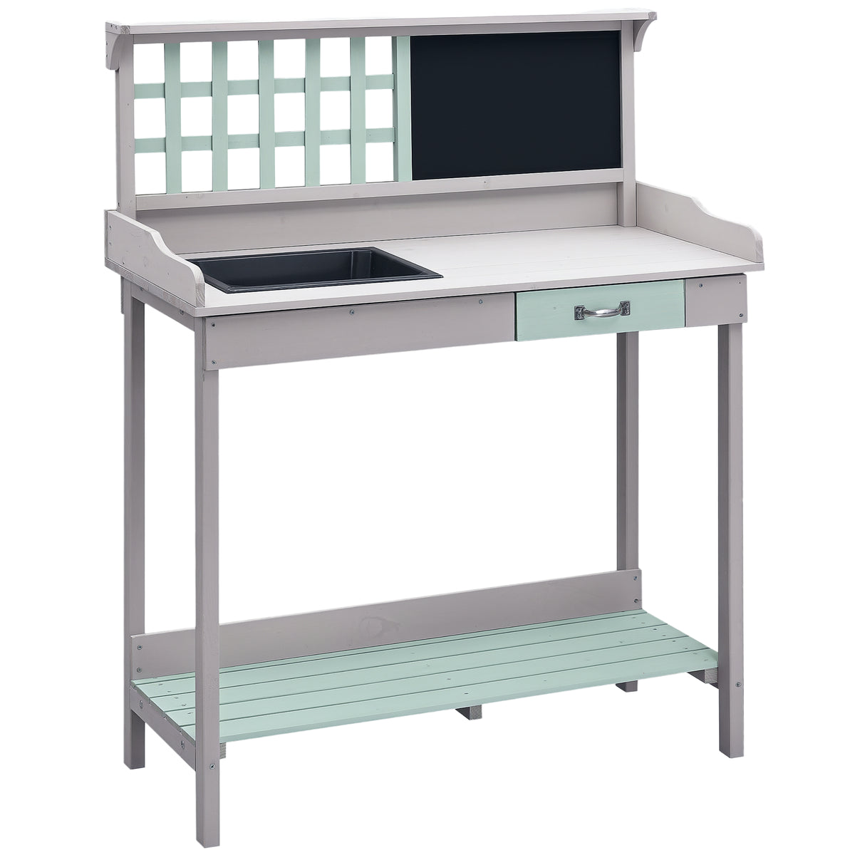 HOMCOM wooden potting table with sink, drawer, chalkboard, grid backboard and lower shelf
