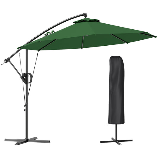 Photo of Outsunny 3(m) Garden Cantilever Parasol with Cover and Wind Protection Strap, Round Overhanging Umbrella with Crank Handle and Tilt, Banana Patio Umbrella for Outdoor Sun Shade, UPF50+, Green in Green colour on a white background