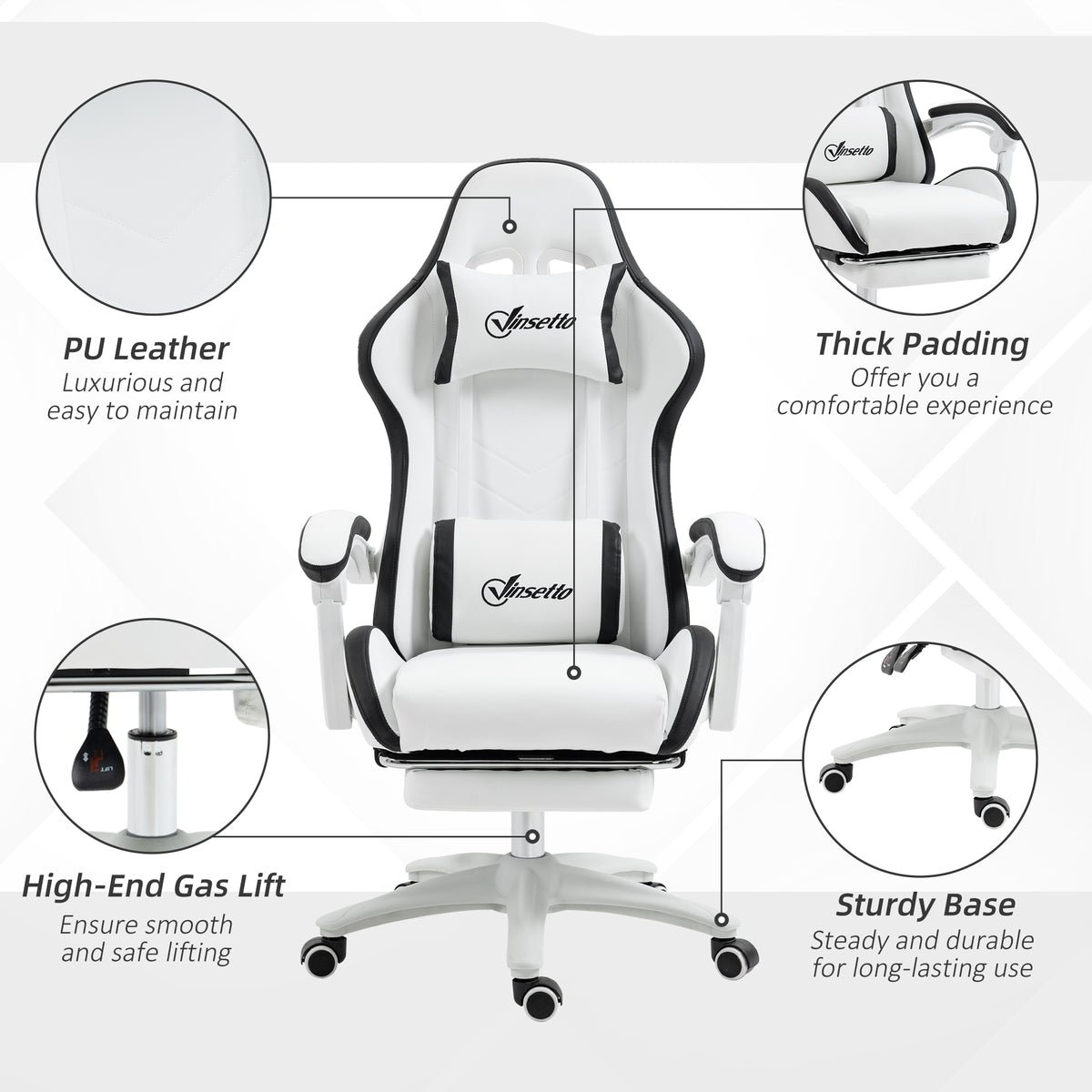 Vinsetto Gaming Chair, Computer Gamer Chair with Reclining High Back, Headrest, Lumbar Support, Footrest, Swivel Wheels, PU Leather, Adjustable Height for Home, White and Black