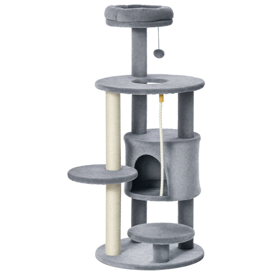 Photo of PawHut Cat Tree Tower for Indoor Cats 112cm Climbing Kitten Activity Center with Jute Scratching Post Perch Hanging Ball Toy Teasing Rope Dark grey in grey colour on a white background