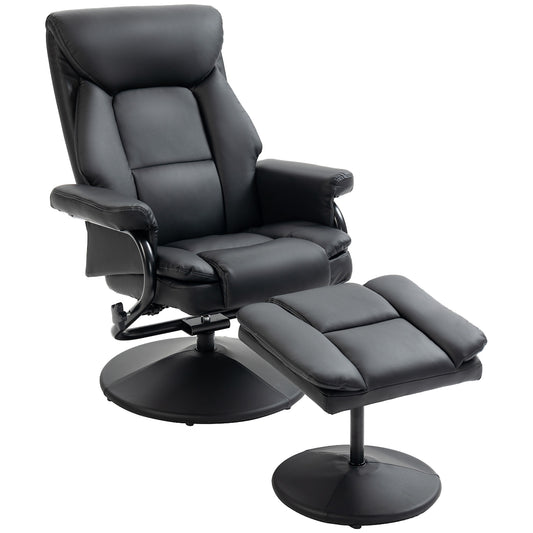 Photo of HOMCOM Swivel Recliner Chair with Footstool, PU Leather Recliner Armchair with Ottoman, Steel Base, Upholstered Reclining Chair for Living Room, Bedroom, Office, Black in Black colour on a white background