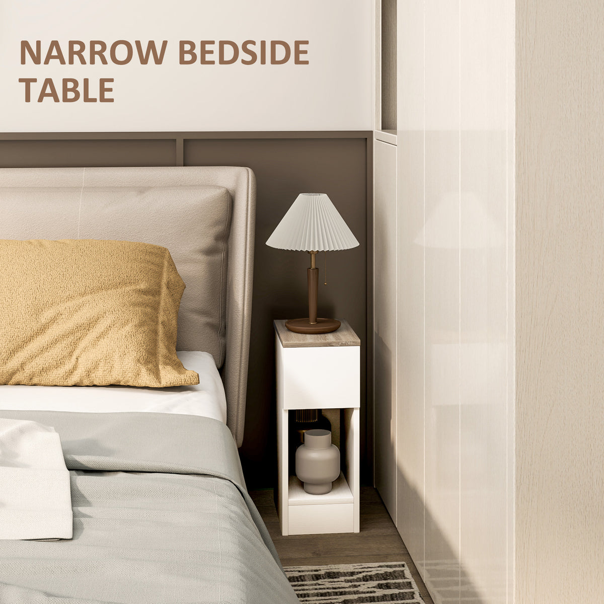 Narrow cream white bedside table with wood-look top, drawer and open shelf