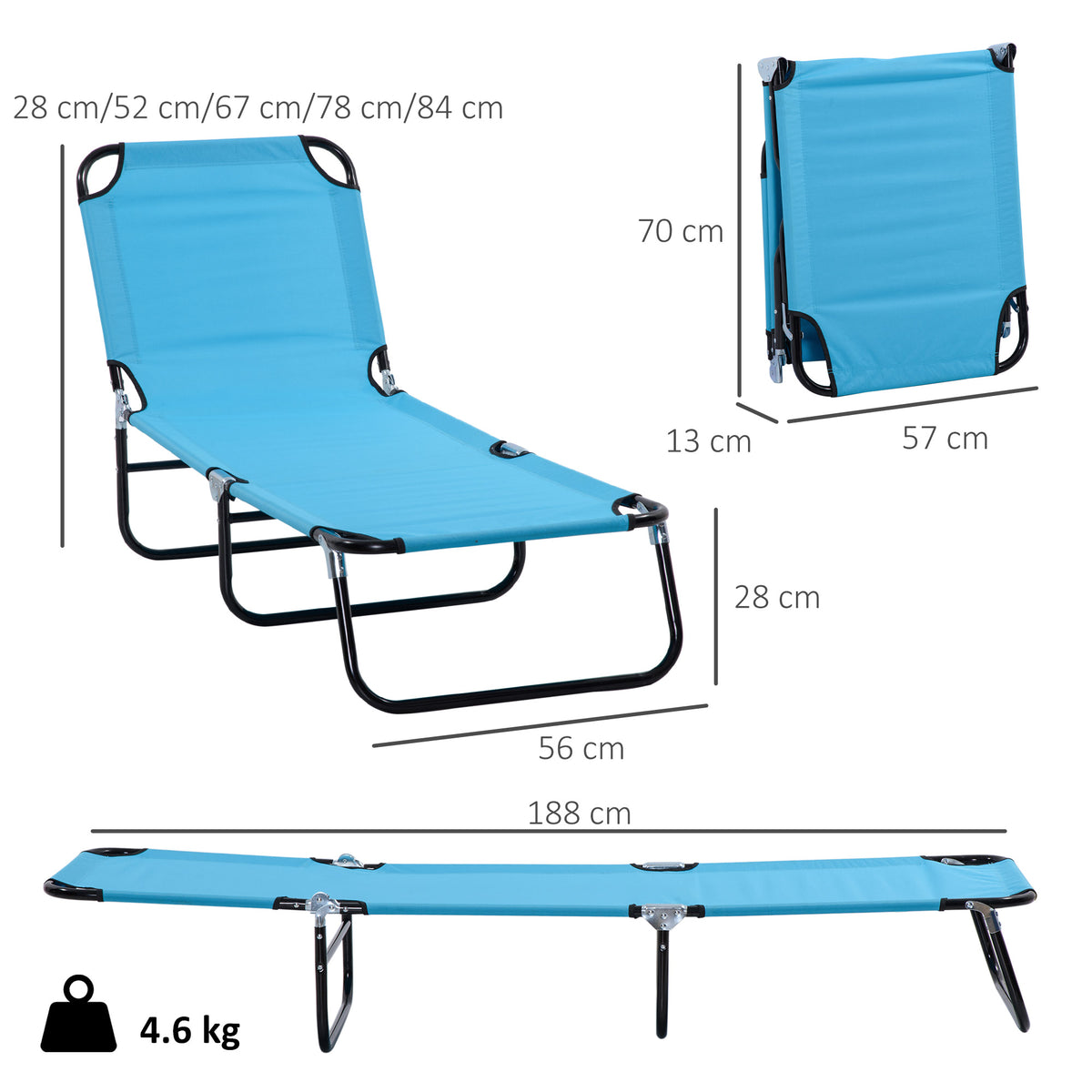 Light blue garden sun lounger with black frame, shown in use and folded with dimensions.