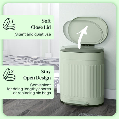Light green metal bin with raised soft-close lid and ribbed body