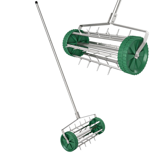 Outsunny rolling lawn aerator with green spiked drum and adjustable steel handle