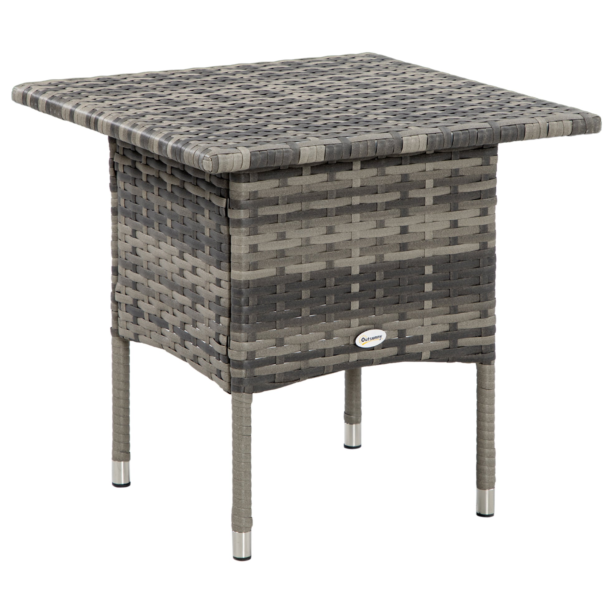 Photo of Outsunny Rattan Side Table, Outdoor Coffee Table with Plastic Board Under the Full Woven Table Top for Patio, Garden, Balcony, Mixed Grey in Grey colour on a white background
