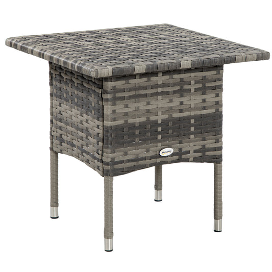 Photo of Outsunny Rattan Side Table, Outdoor Coffee Table with Plastic Board Under the Full Woven Table Top for Patio, Garden, Balcony, Mixed Grey in Grey colour on a white background