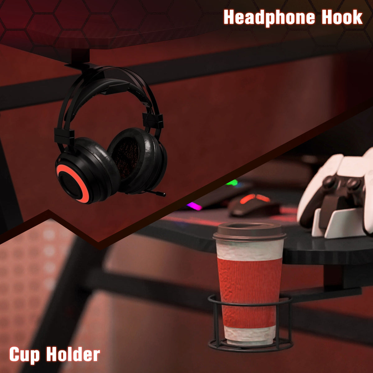 HOMCOM Gaming Desk 120 x 65 cm Steel Frame with Cup Holder, Headphone Hook, Adjustable Feet and Cable Organiser, Home Office Computer Table, Black