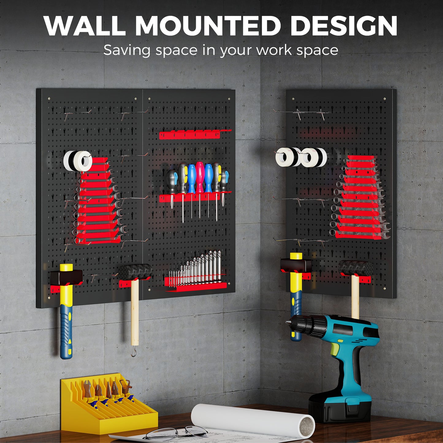 HOMCOM 28 Pcs Wall-Mounted Pegboard with 3 Boards, Garage Tool Storage Unit Black and Red
