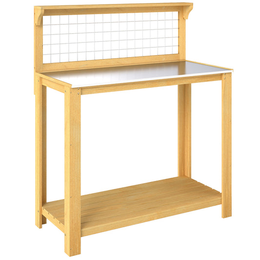 Photo of Outsunny Wooden Potting Bench Table with Aluminium Worktop, Outdoor Garden Workbench with 2 Shelves in Shelves colour on a white background