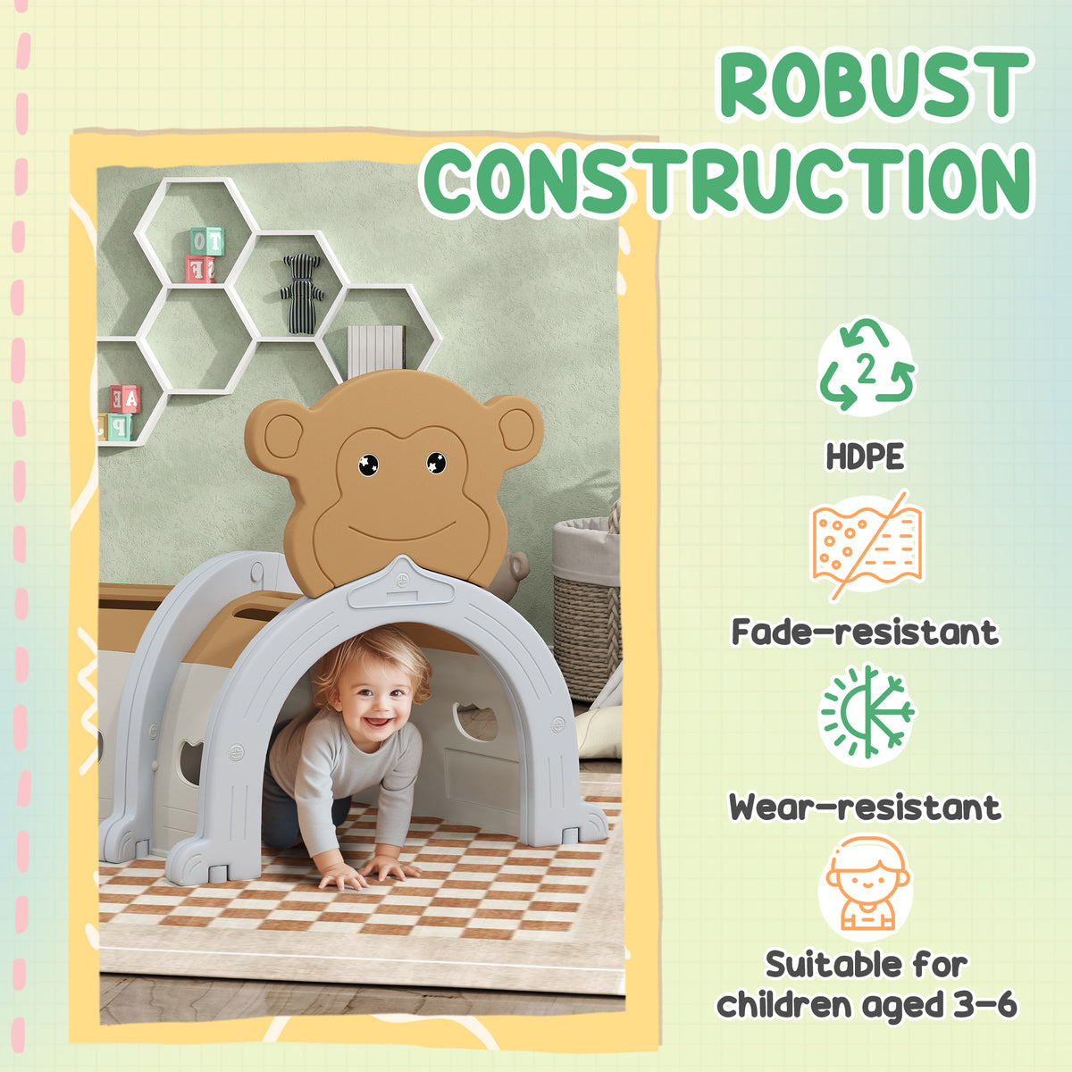 AIYAPLAY monkey play tunnel with a child crawling through its entrance