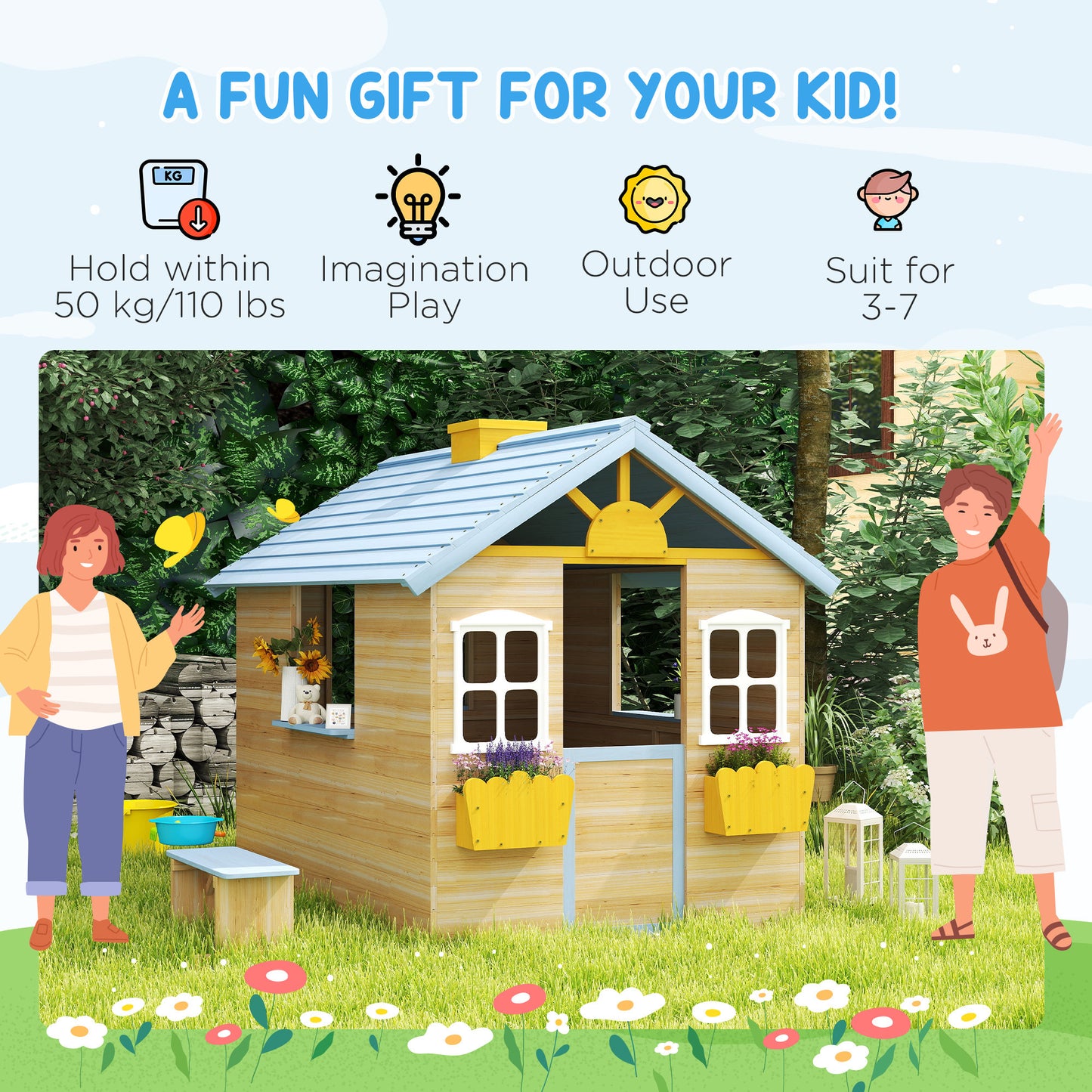 Outsunny Wooden Playhouse, Wendy House with Door, Bench, Flowerpot Holder, for Ages 3-7 Years, Blue