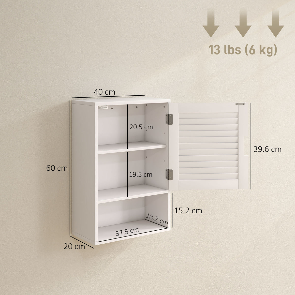 HOMCOM Bathroom Cabinet, Wall Mounted Storage Cabinet with Adjustable Shelves, 40 x 20 x 60 cm, White