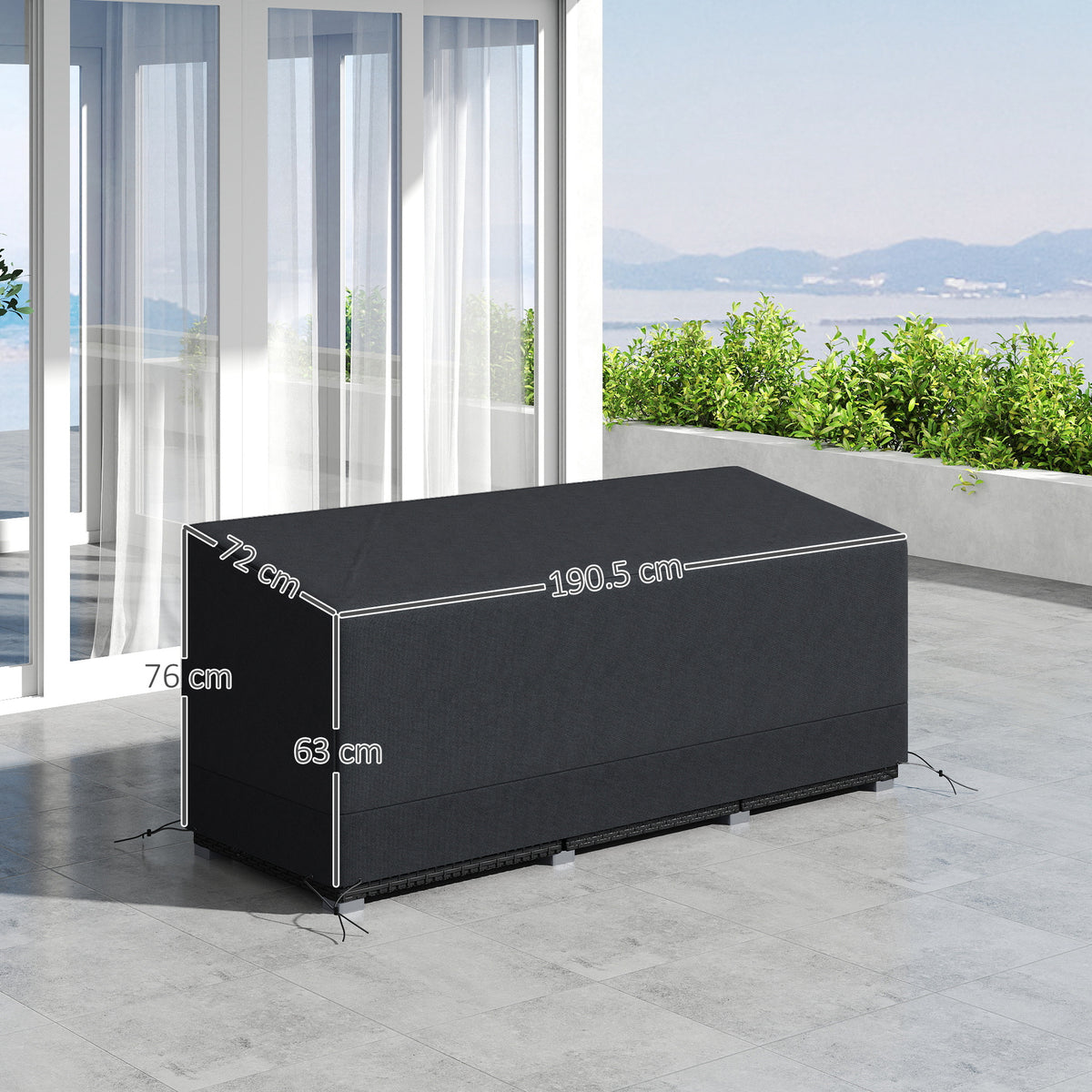 Outsunny black patio furniture cover with dimensions marked on the cover