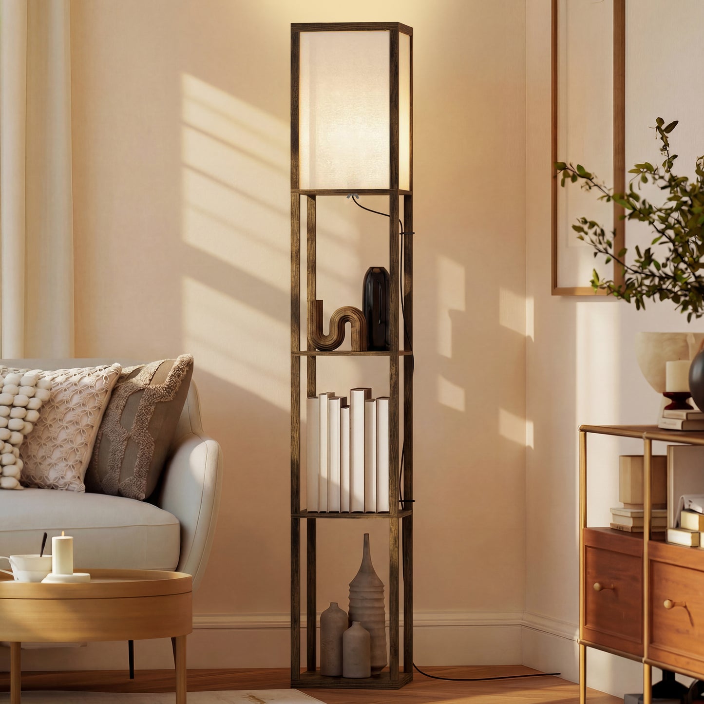 HOMCOM 3-Tier Floor Lamp with Shelves and Storage, Modern Corner Standing Lamp with Lampshade, Reading Light with Foot Switch for Living Room, Bedroom, Home Office, Bulb not Included, Brown
