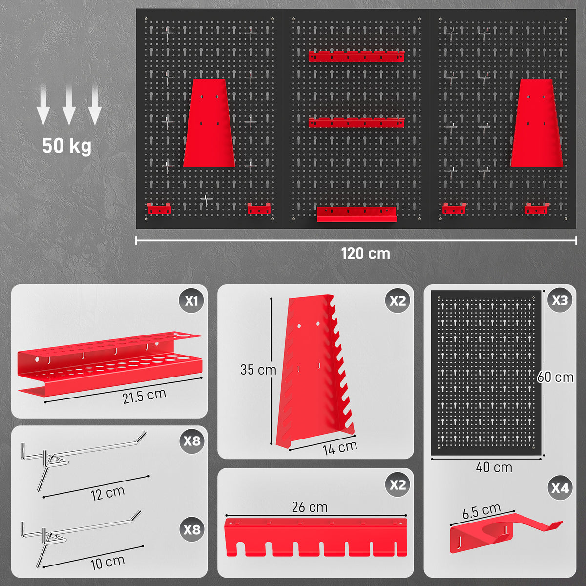 HOMCOM 28 Pcs Wall-Mounted Pegboard with 3 Boards, Garage Tool Storage Unit Black and Red