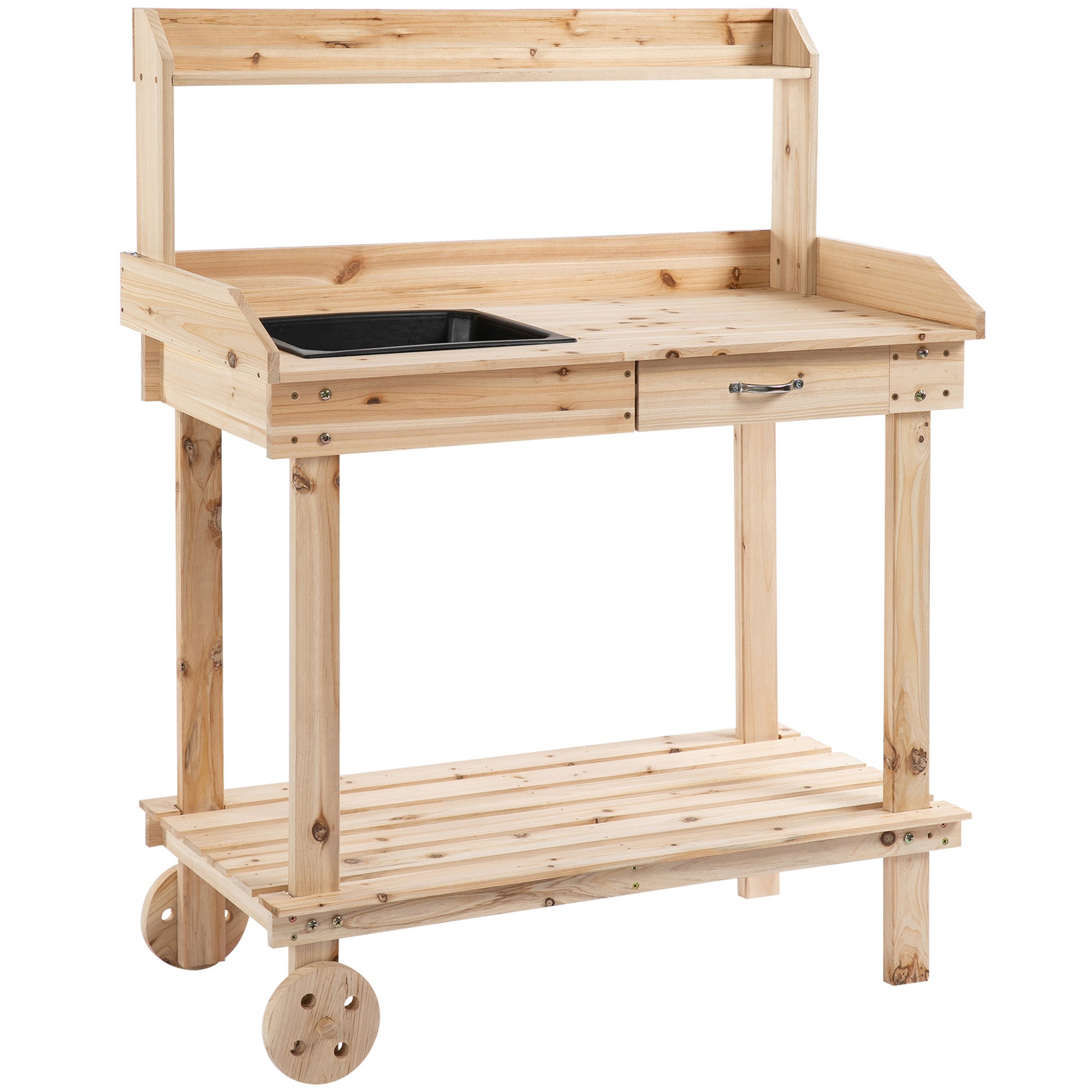 Photo of Outsunny Garden Potting Bench Table, Wooden Work Station, Outdoor Planting Workbench with 2 Wheels, Sink, Drawer & Large Storage Spaces, 92x45x119cm in 92x45x119cm colour on a white background