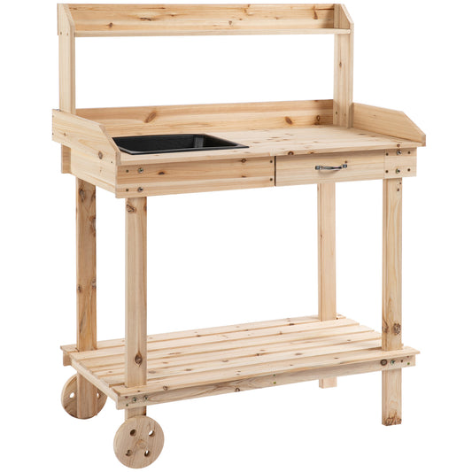 Photo of Outsunny Garden Potting Bench Table, Wooden Work Station, Outdoor Planting Workbench with 2 Wheels, Sink, Drawer & Large Storage Spaces, 92x45x119cm in 92x45x119cm colour on a white background