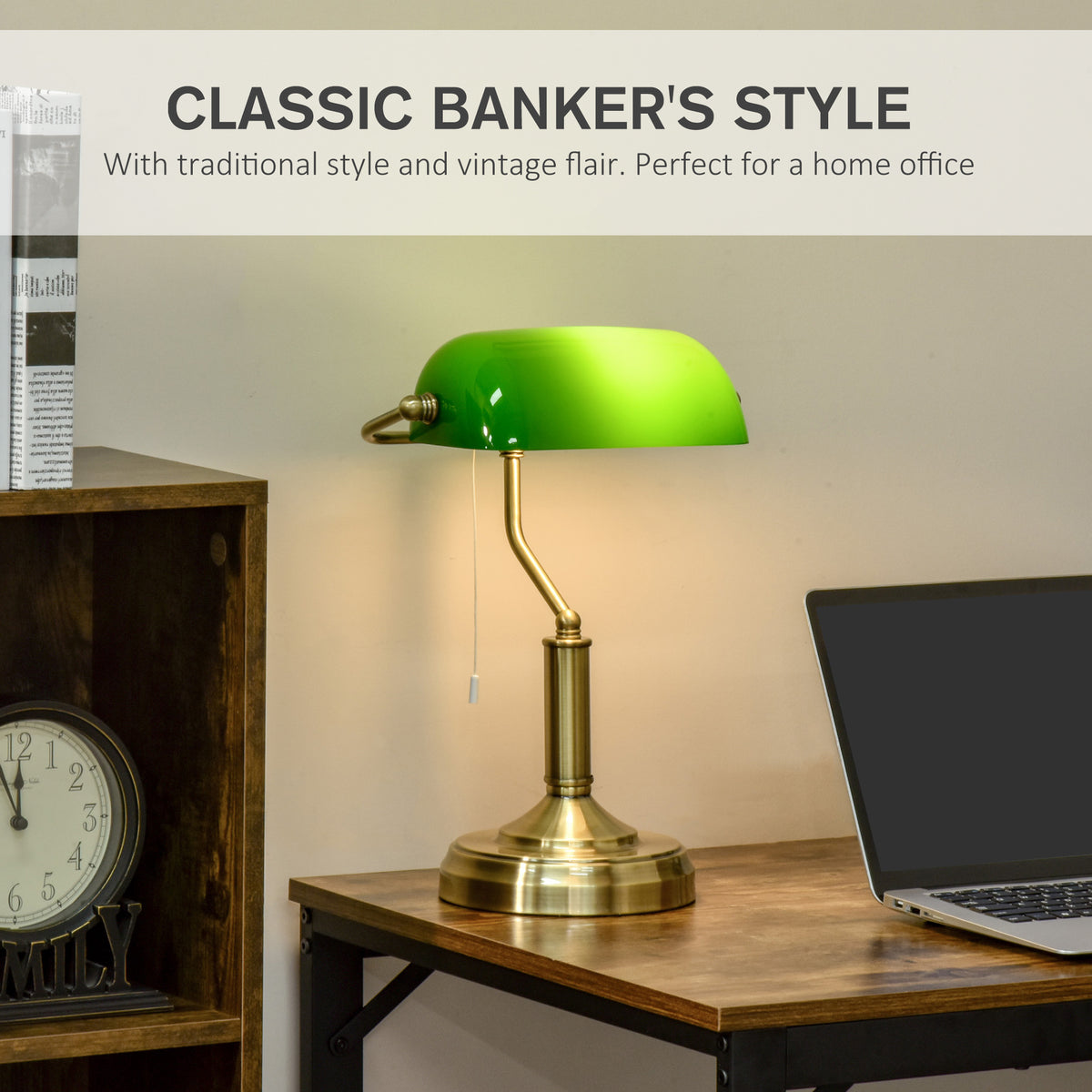 HOMCOM banker's desk lamp with green shade on a desk