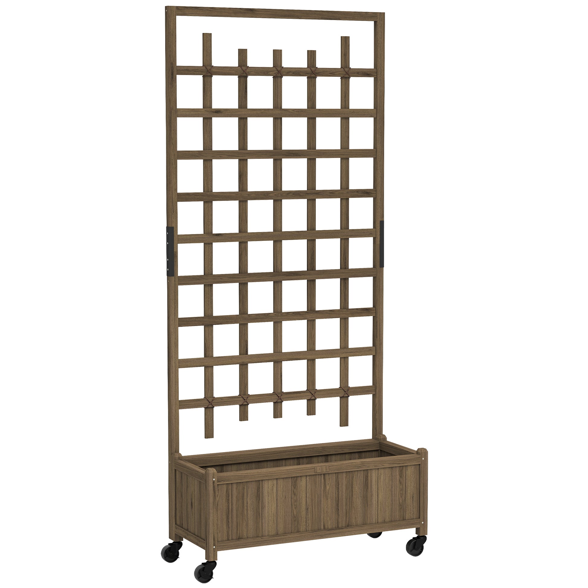 Photo of Outsunny Wooden Trellis Planter, Raised Garden Bed with Wheels, to Climb and Grow Vegetables, Herbs and Flowers, Brown in Brown colour on a white background