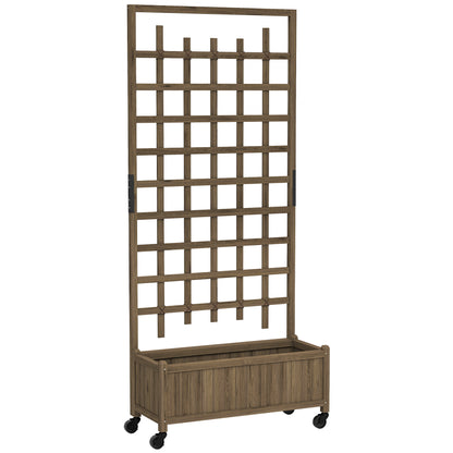 Outsunny brown wooden planter with tall trellis and caster wheels