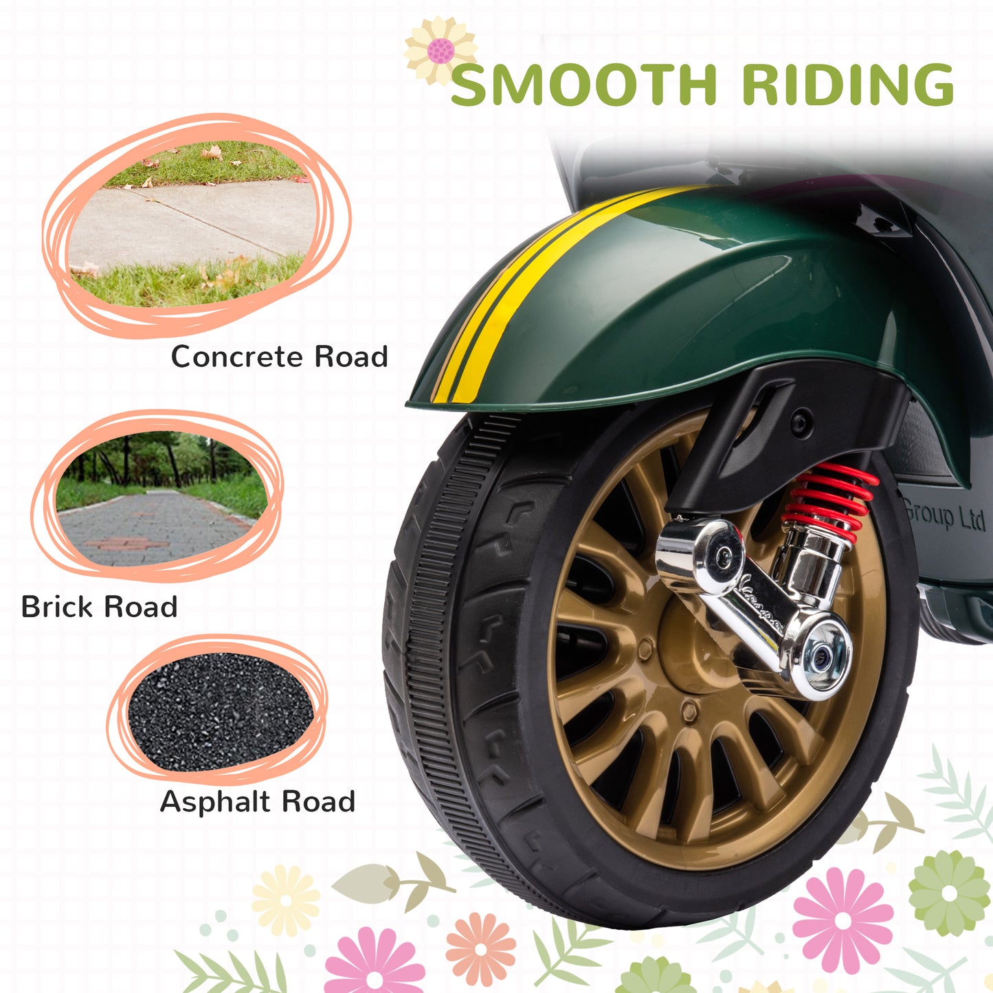 AIYAPLAY 12V Vespa Licensed Kids Electric Motorbike w/ Music, Lights, FM Radio, for 3-6 Years - Green