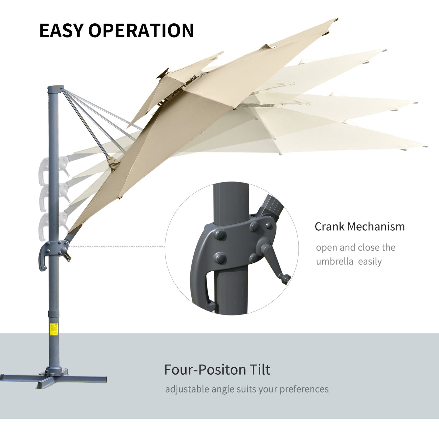 Outsunny 3m Cantilever Parasol with Solar Lights, Power Bank Base 360° Spin, Khaki