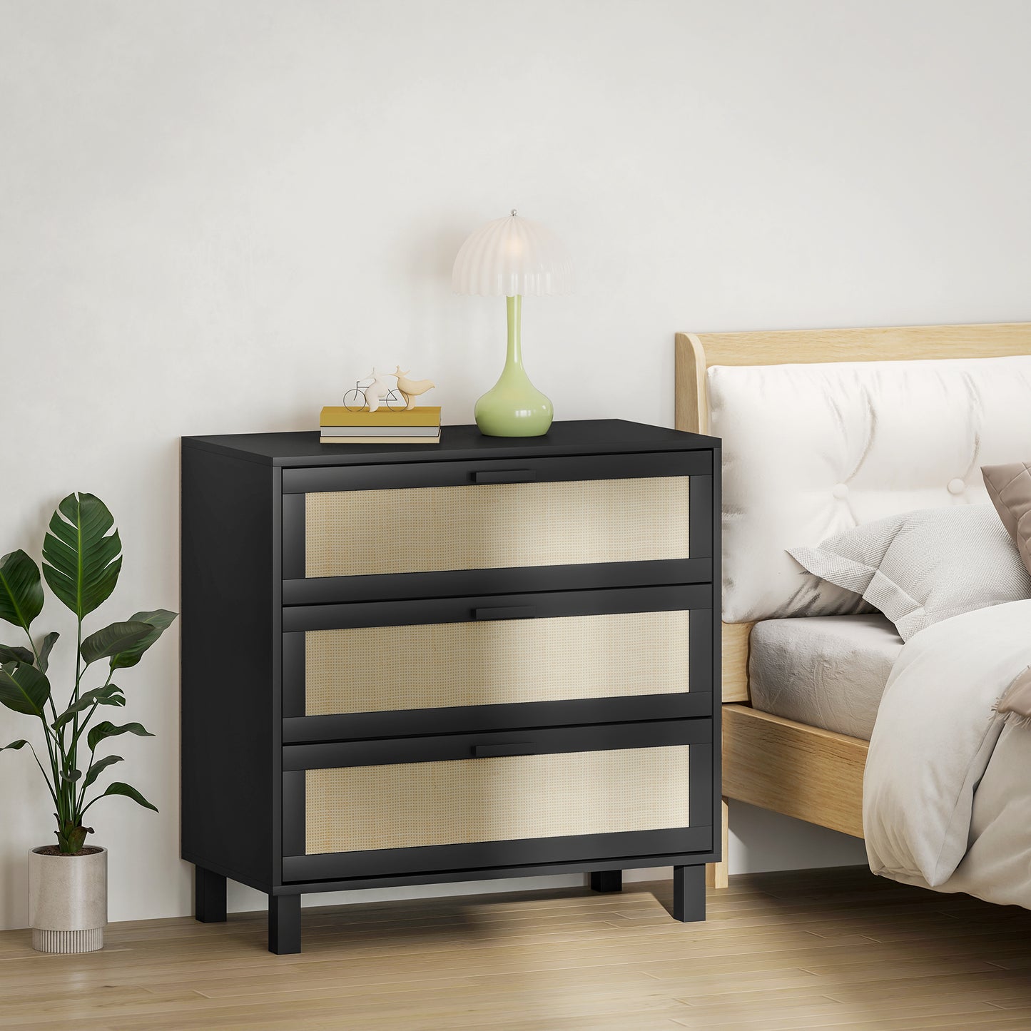 HOMCOM Rattan Bedroom Chest of Drawers, 3 Drawers Storage Unit, Boho Dresser for Living Room, Hallway, Black
