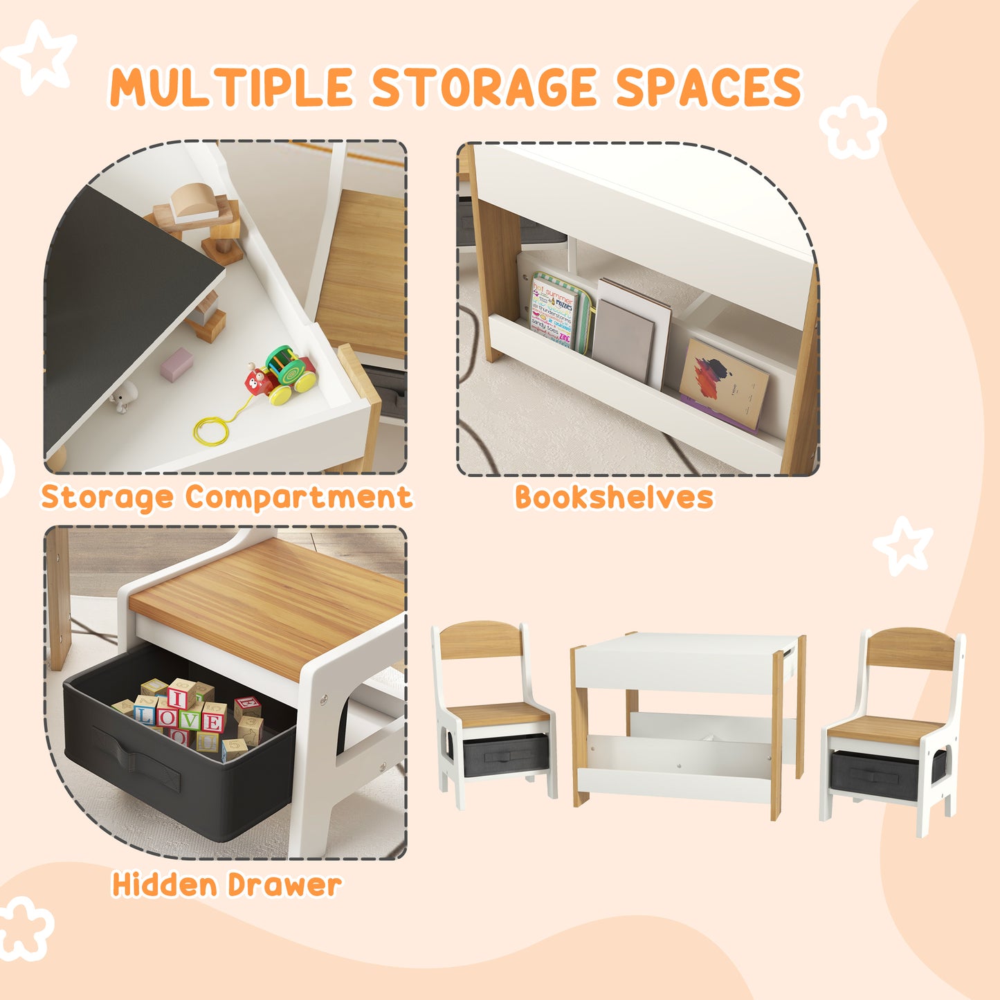 HOMCOM Three-Piece Kids Table and Chair Set with Blackboard, Storage, Bookshelves - Natural Wood