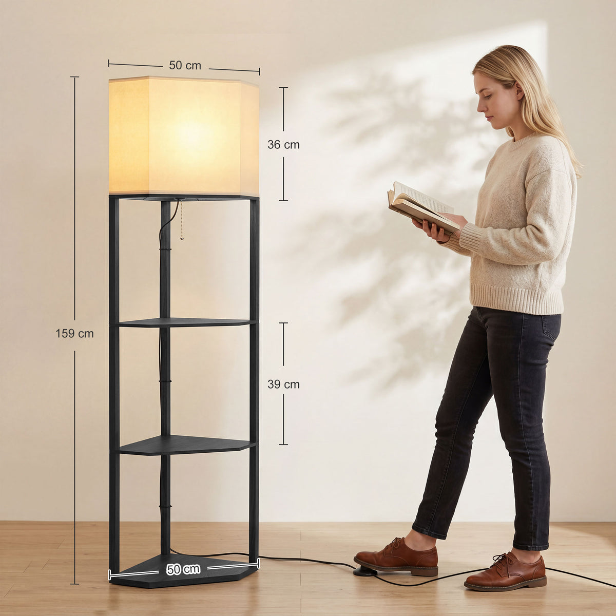 HOMCOM Corner Floor Lamp with Shelves and Lights, Modern Dimmable Standing Lamp with 3000K/4000K/6000K Colour Temperature
