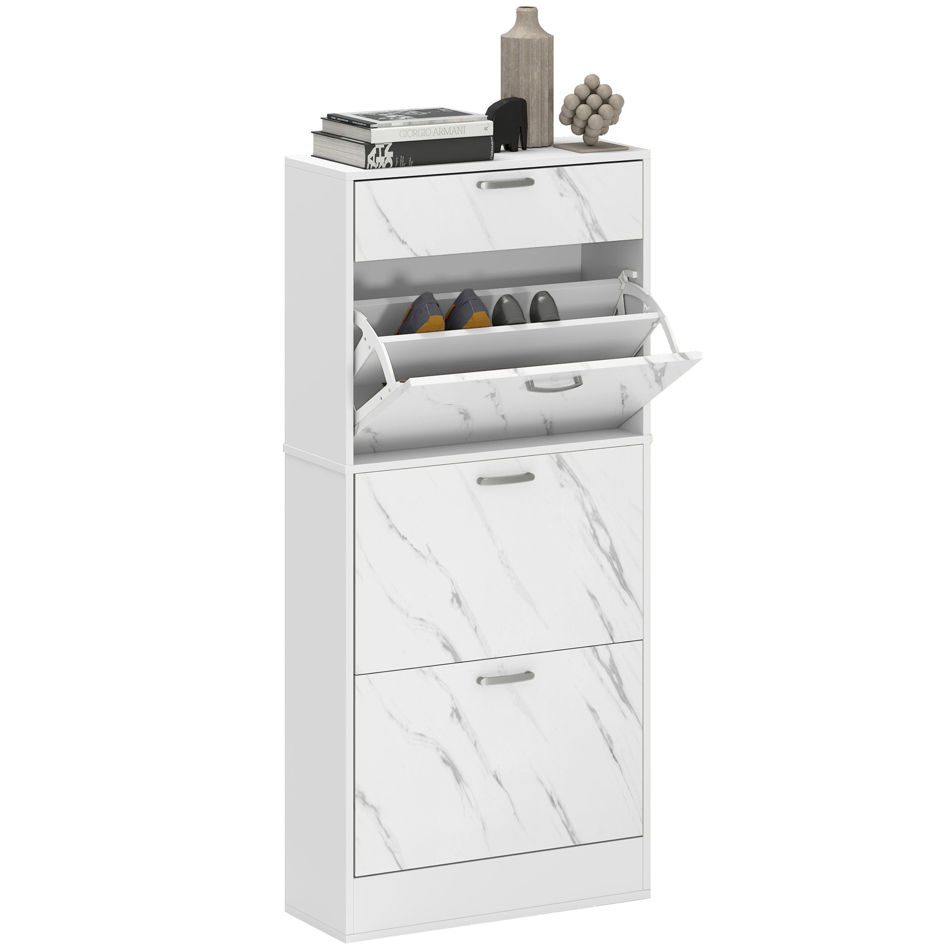 Photo of HOMCOM Marble Shoe Storage Cabinet with 3 Flip Drawers, Hallway Cabinet with Top Drawer and Adjustable Shelves, Shoe Cupboard for 18 Pairs, White in White colour on a white background