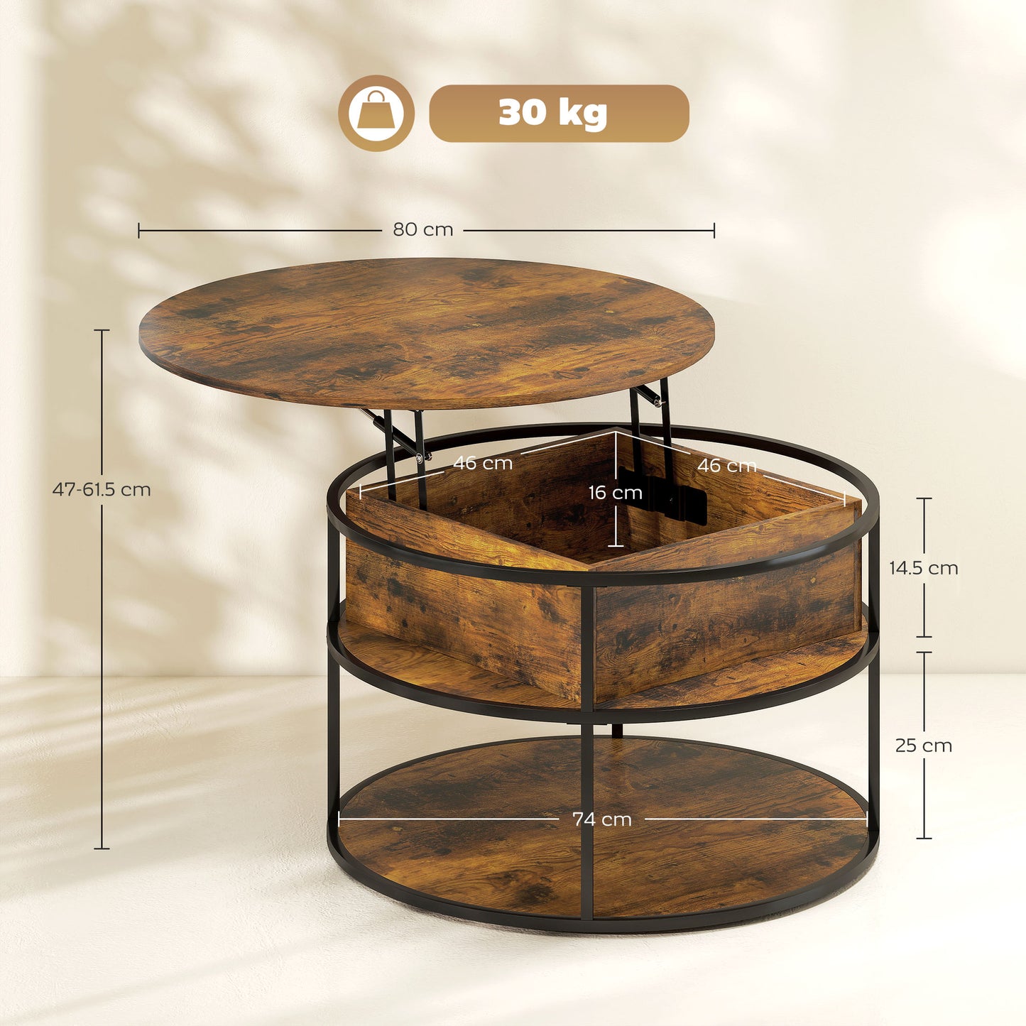 HOMCOM Lift Top Coffee Table, Round Coffee Table with Storage Shelf, Hidden Compartment and Steel Frame for Living Room, Home Office, Brown