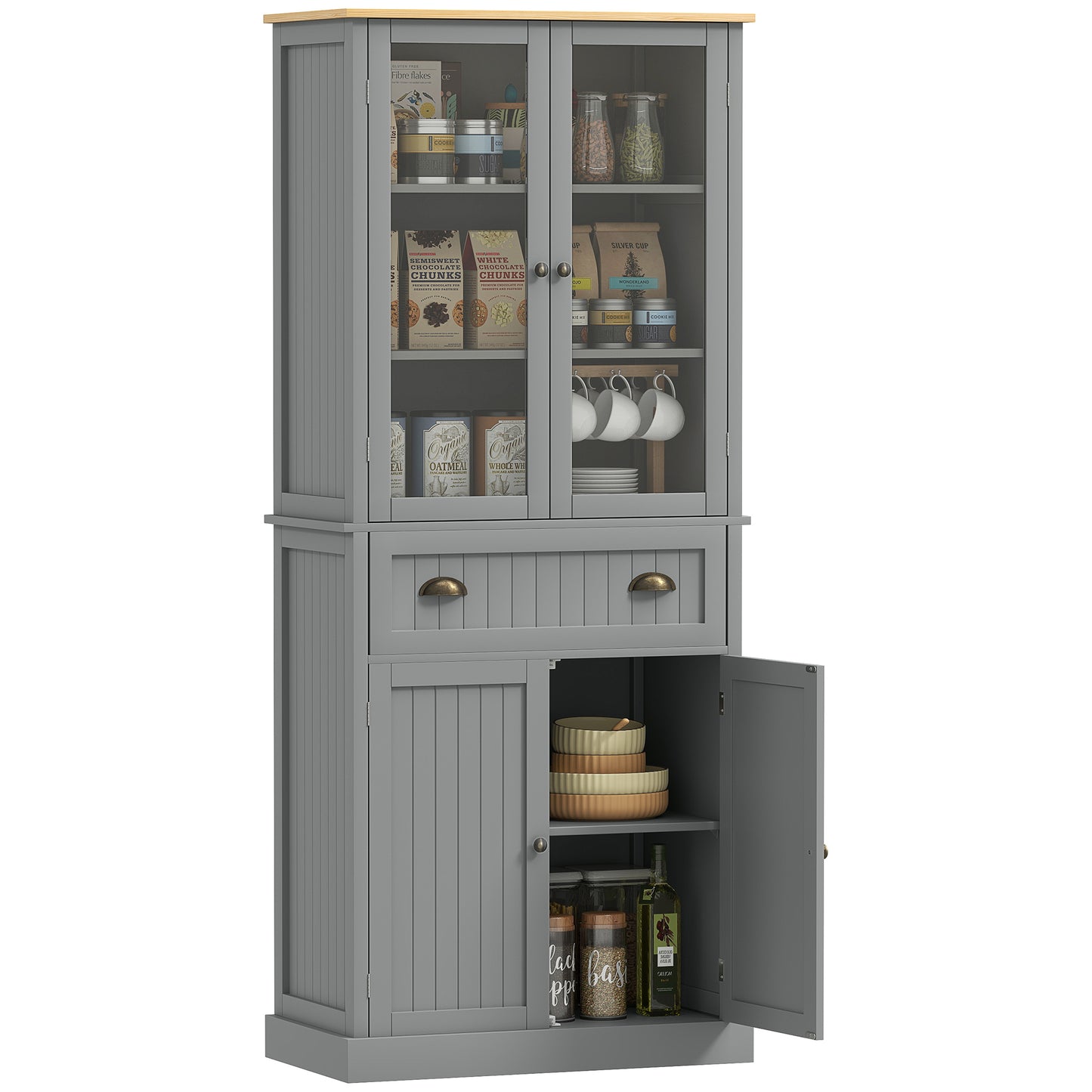 Photo of HOMCOM 180cm Tall Kitchen Pantry Cupboard, Freestanding Storage Cabinet with 5 Tier, Adjustable Shelves,  Drawer, Grey in Grey colour on a white background