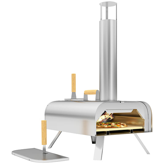 Photo of Outsunny Outdoor Pizza Oven, Portable Wood Pellet Pizza Oven with Pizza Stone and Peel, Foldable Legs, Chimney, 12 Inch Wood Fired Pizza Maker for Outdoor Cooking, Stainless Steel in Steel colour on a white background