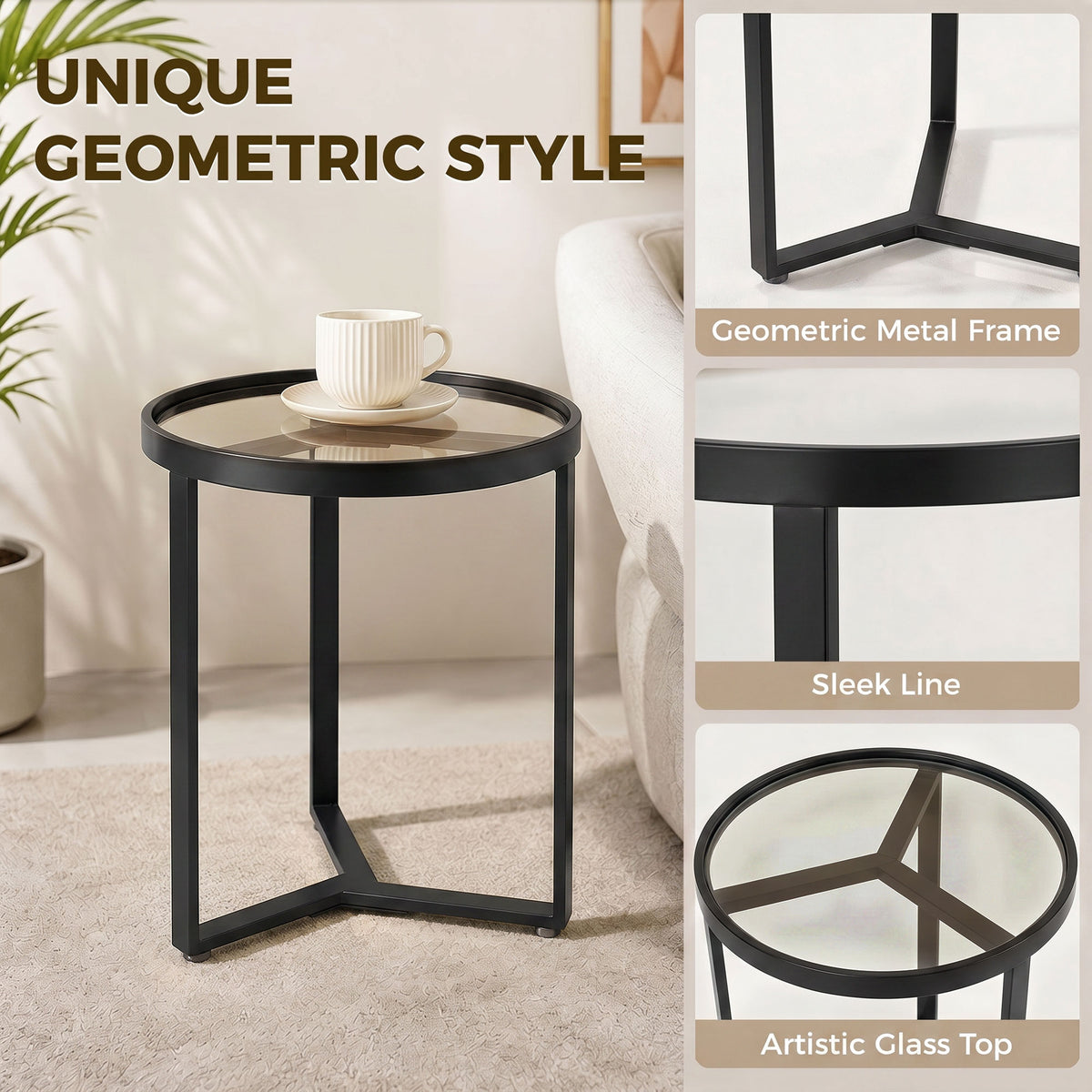 HOMCOM Round Side Table with Tempered Glass Top and Geometric Metal Frame for Small Space, Black