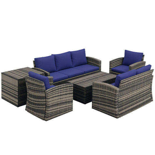 Photo of Outsunny 6 Pieces Rattan Garden Furniture Set, 7 Seater Wicker Outdoor Furniture Set with Storage Tea Table & Side Table, Sectional Garden Sofa Set with Cushions, Navy Blue in Blue colour on a white background