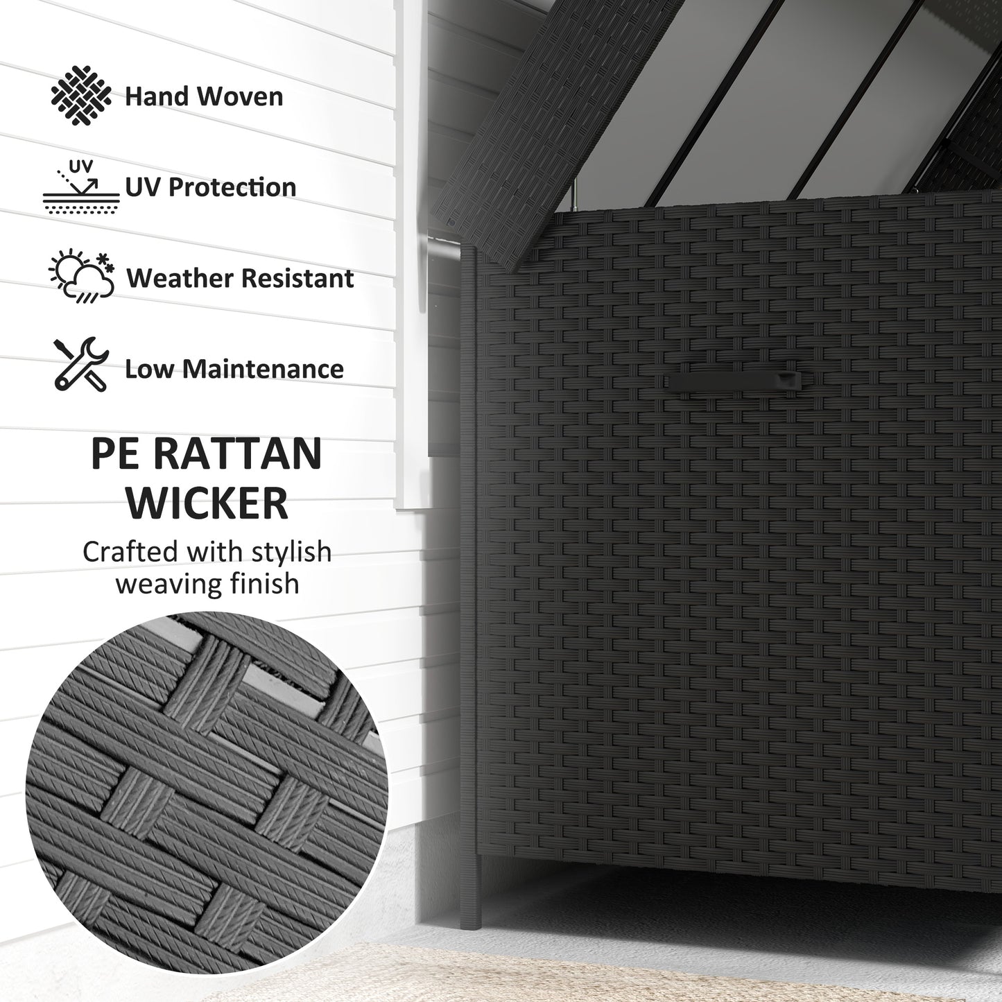 Outsunny 627L Rattan Storage Box with 2 Brake Wheels - Black