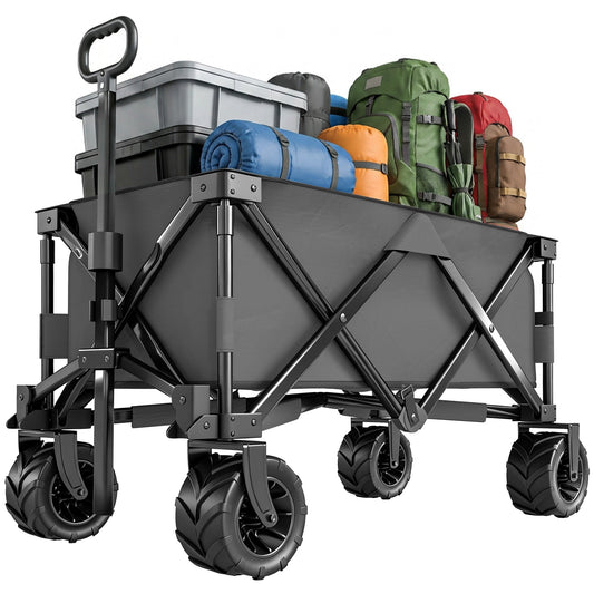 Dark gray folding cargo wagon loaded with camping gear, featuring a telescoping handle and large wheels