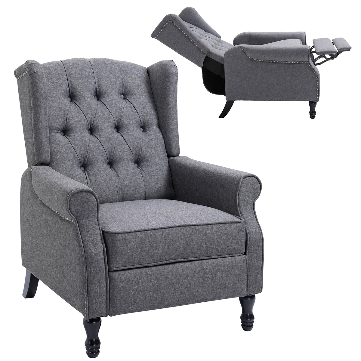 HOMCOM gray reclining armchair with button-tufted wingback, nailhead trim, and extended footrest
