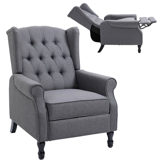HOMCOM gray reclining armchair with button-tufted wingback, nailhead trim, and extended footrest