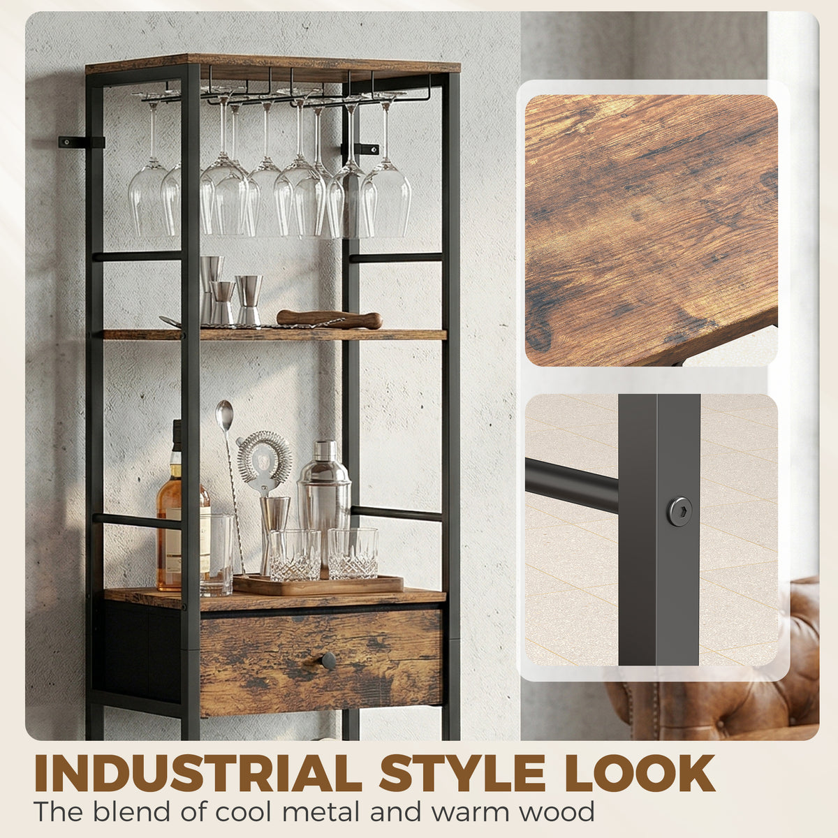 HOMCOM Industrial Wine Bar Cabinet Freestanding Liquor Cabinet 16-Bottle Wine Rack Glass Holder Rustic Brown