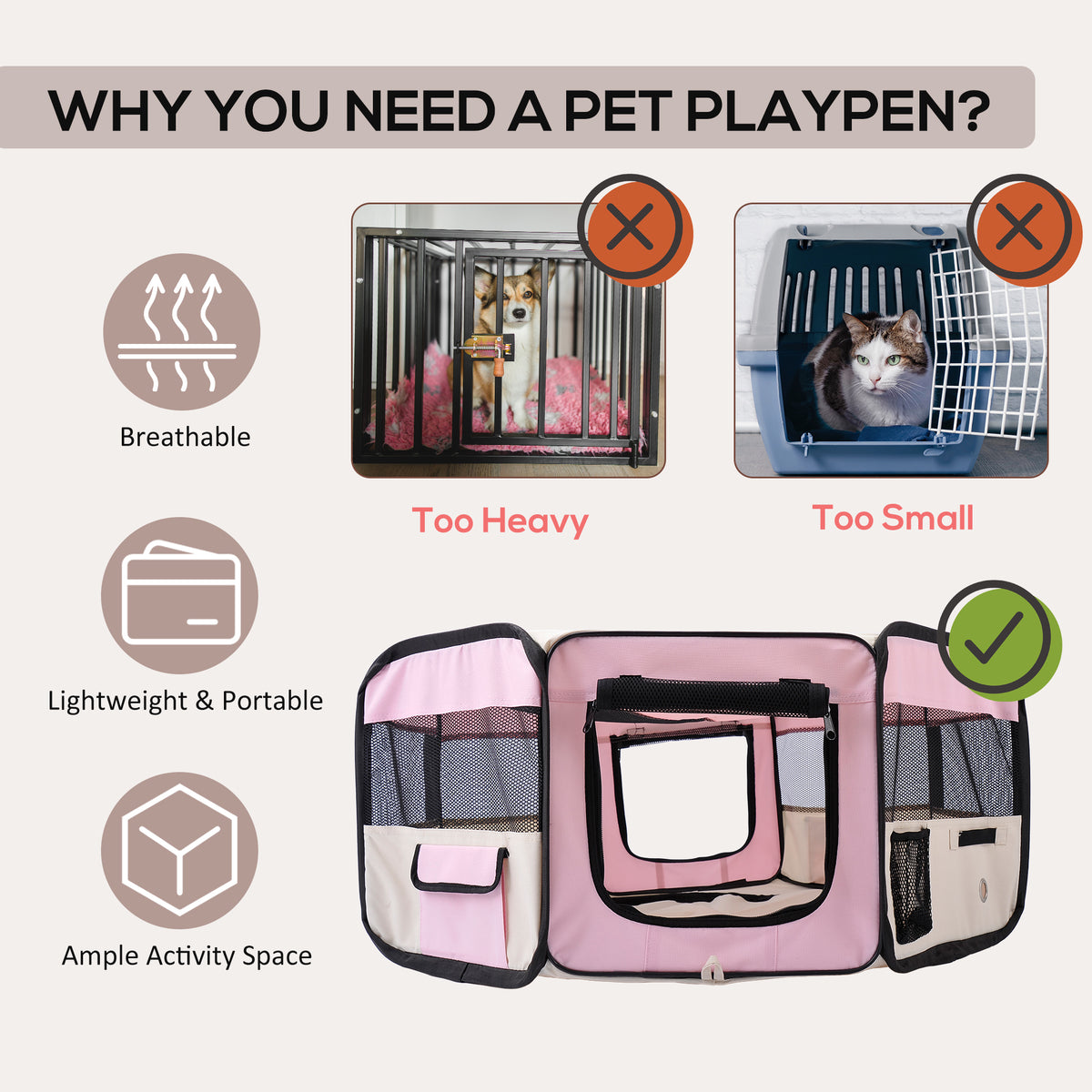 PawHut 600D Oxford Soft Fabric Kennel, Portable Lightweight Cat Dog Playpen, Foldable Pet Puppy Rabbit Guinea Pig Pen Run Dia 90 x 41H cm Indoor & Outdoor Pink