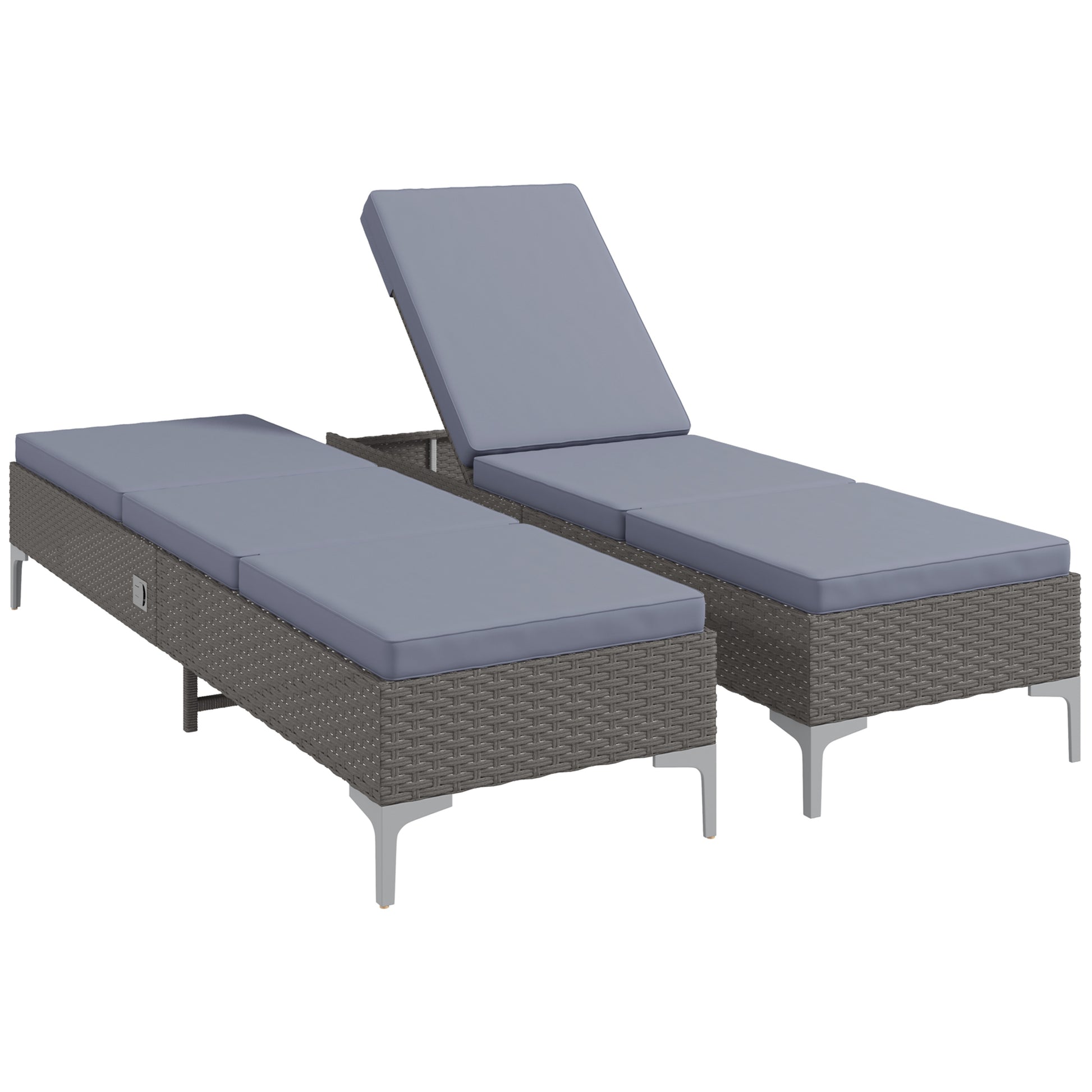 Photo of Outsunny Outdoor PE Rattan Sun Lounger Set of 2, Multi-position Backrest Adjustable Single Recliner Sunbed Daybed with Removeable & Washable Cushion, for Patio, Garden, Dark Grey in Grey colour on a white background