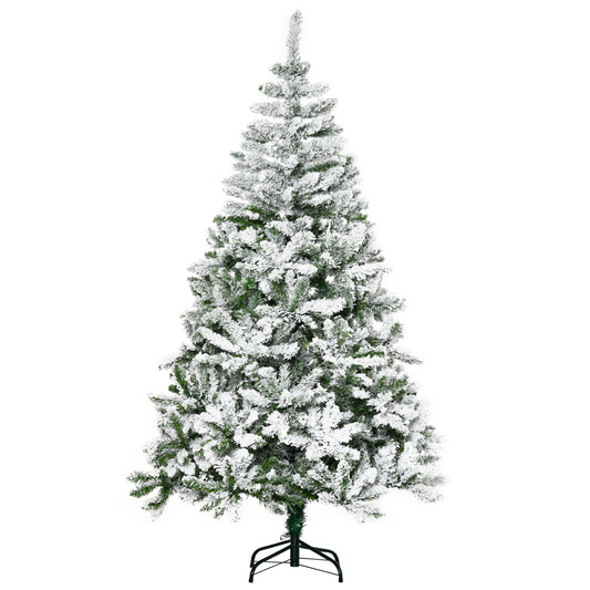 Photo of HOMCOM 6 Ft Snow Flocked Artificial Christmas Tree Xmas Pine Tree with Realistic Branches, Auto Open and Steel Base, Green in Green colour on a white background